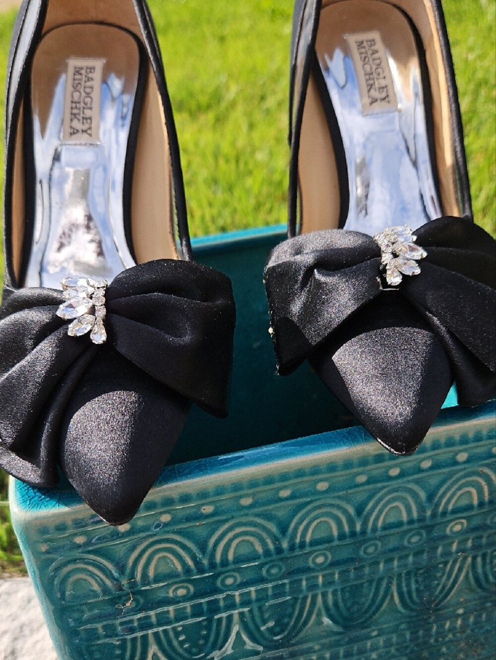 Badgley Mischka Black Satin Pointed Toe Bow Pumps with Crystal Accent - Picture 2 of 8